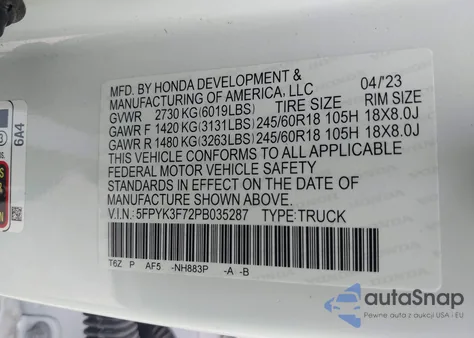 2023 Honda Ridgeline Rtl-E from USA, damaged, VIN 5FPYK3F72PB035287